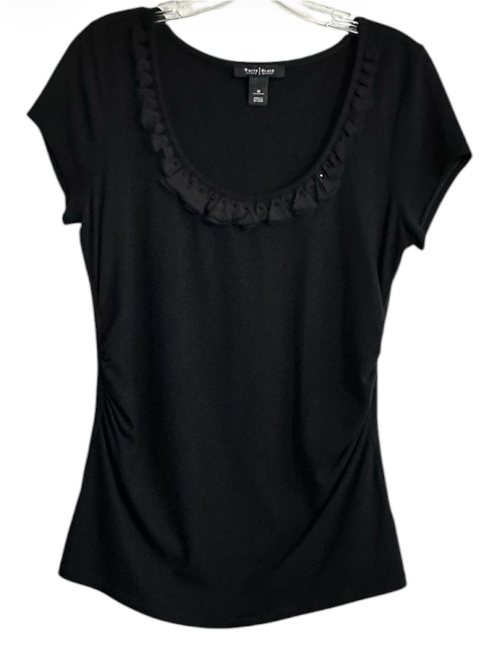 White House Black Market Black Short Sleeve Scoop Neck Ruffle Trim Blouse